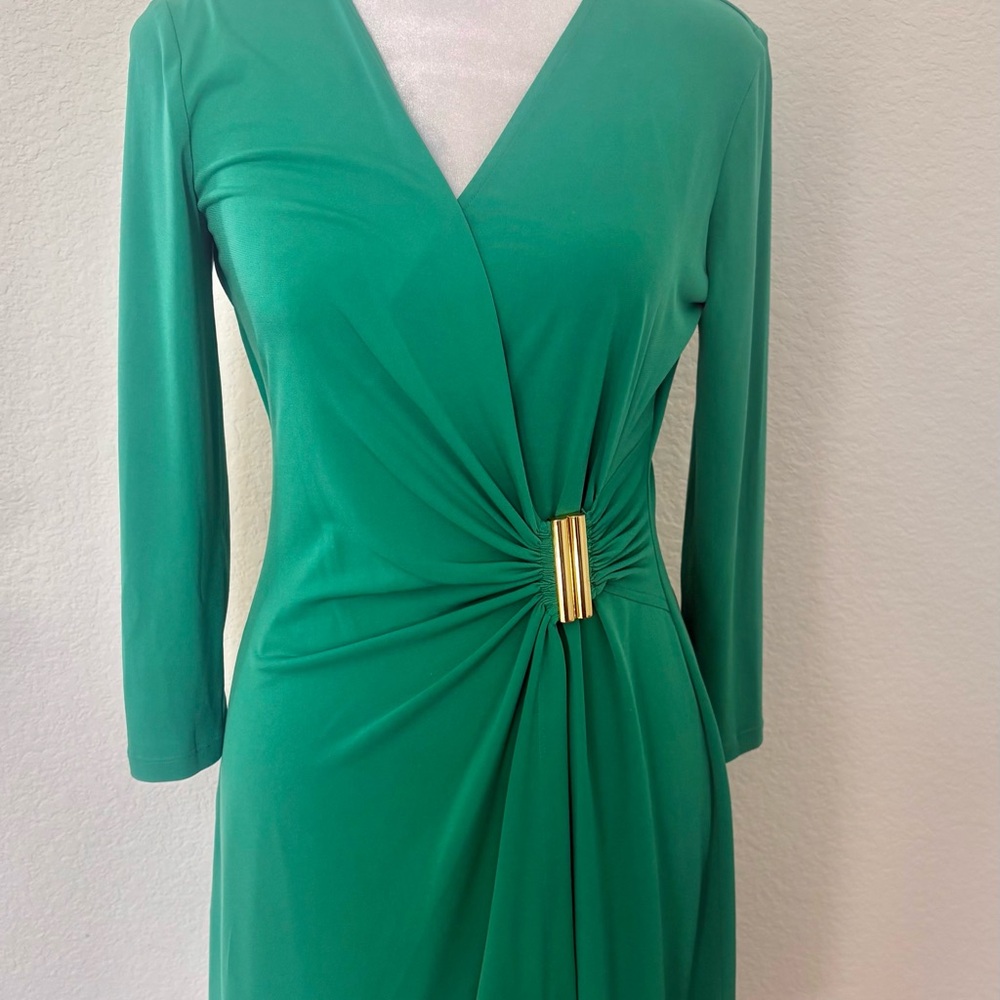 Calvin Klein Emerald Green Faux-Wrap Dress with Gold Accent